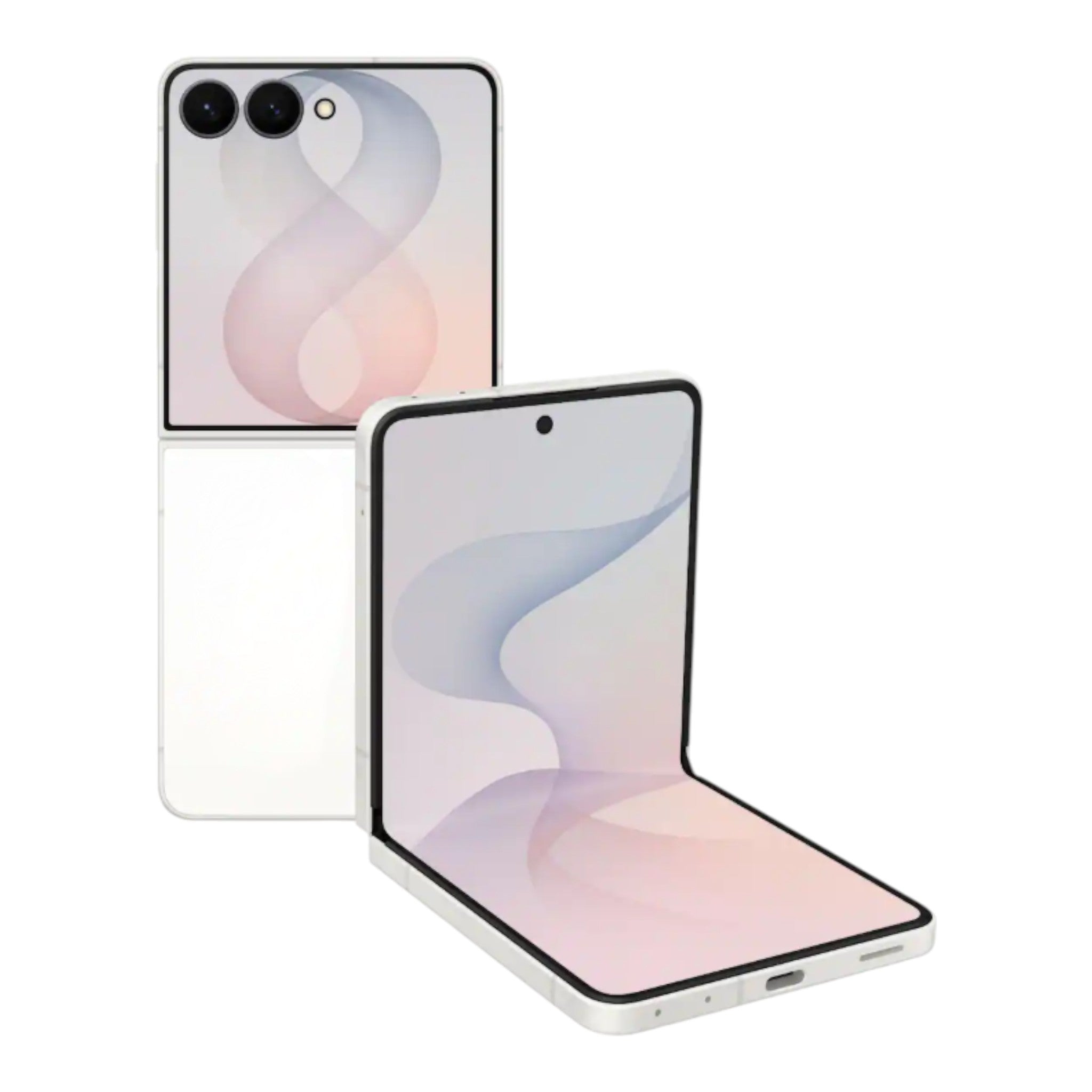 Smartphone plegable doto.com.mx Samsung Galaxy Z Flip8 en color blanco con pantalla abierta y vista trasera