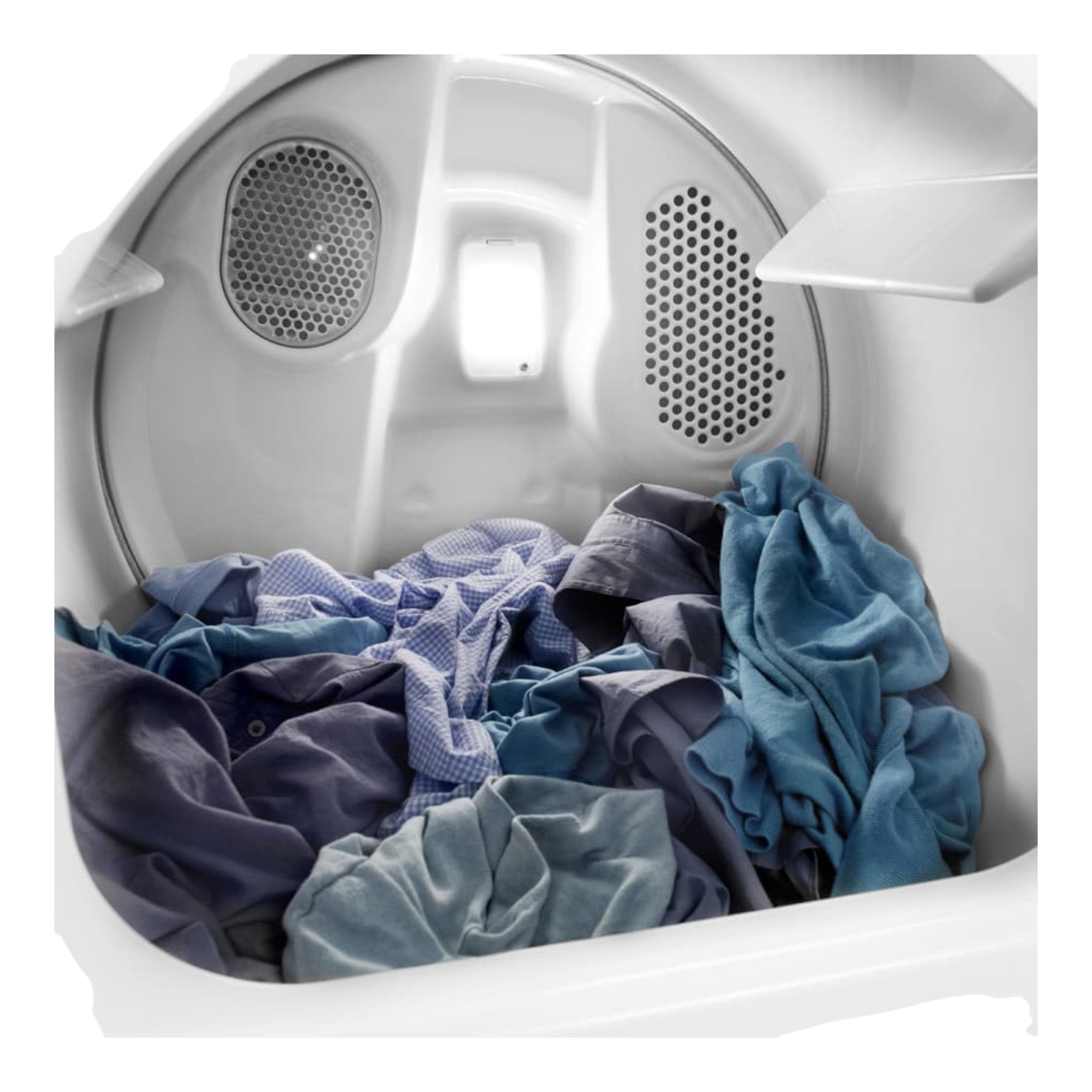 Interior del tambor de la secadora de gas doto.com.mx Maytag con ropa de colores variados en proceso de secado