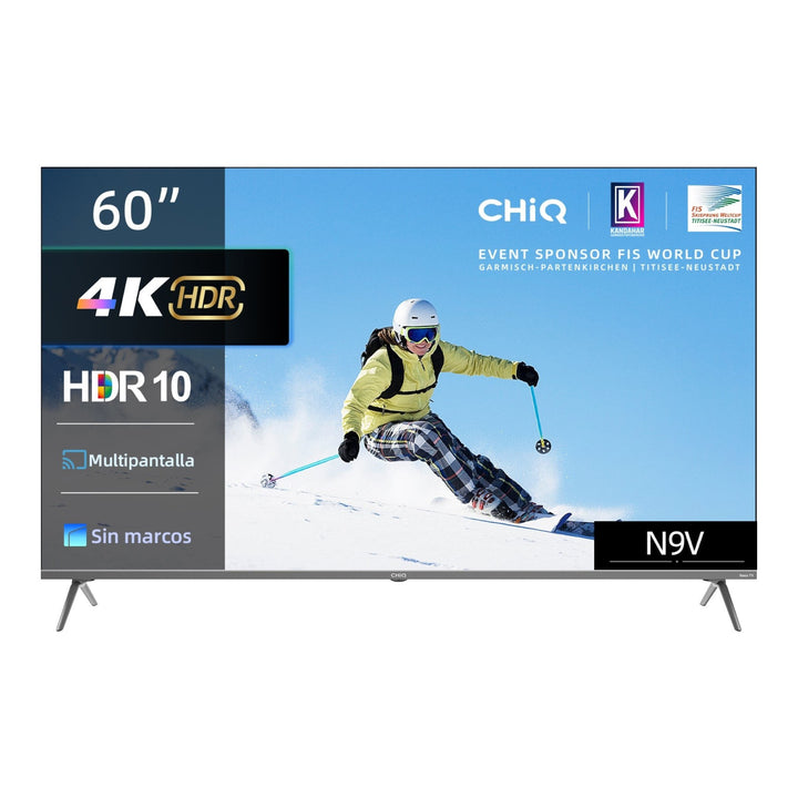 Smart TV doto.com.mx Chiq 60 pulgadas 4K HDR con diseño sin marcos y pantalla mostrando un esquiador en la nieve