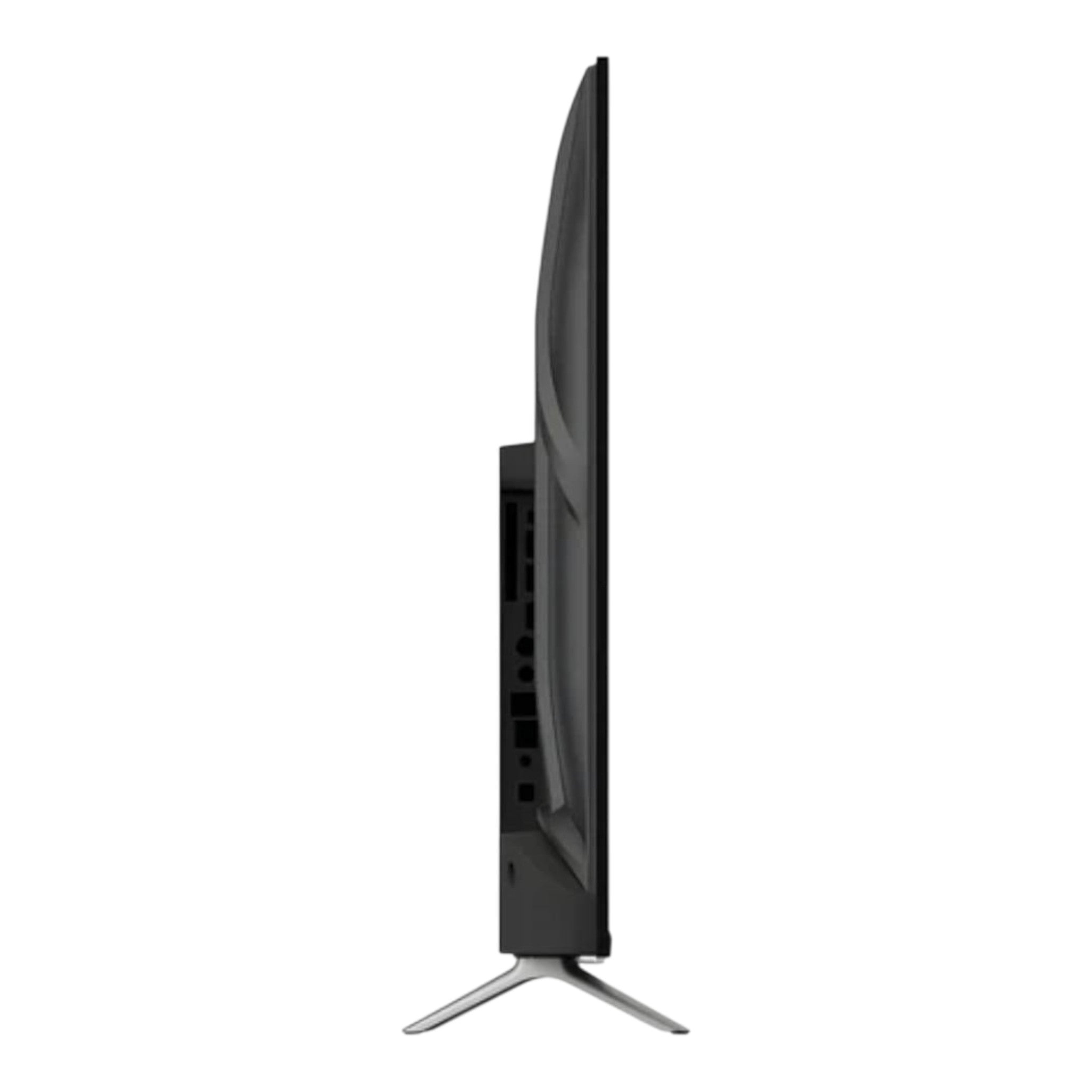 Vista lateral del Smart TV Hyundai QLED FHD Roku TV de doto.com.mx con diseño delgado y base de soporte plateada