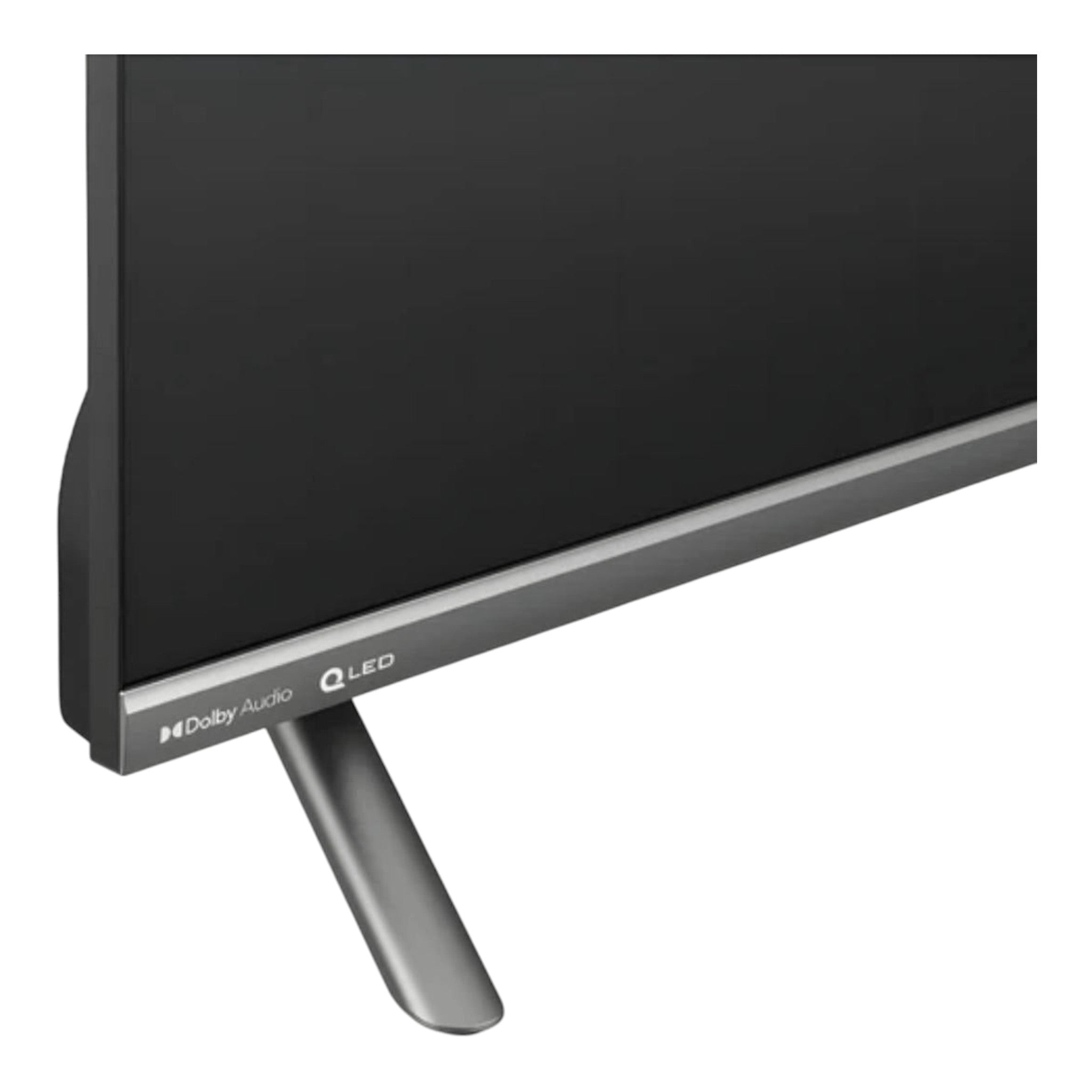 Detalle del marco inferior y base de la Smart TV Hyundai QLED FHD Roku TV de doto.com.mx con logo Dolby Audio