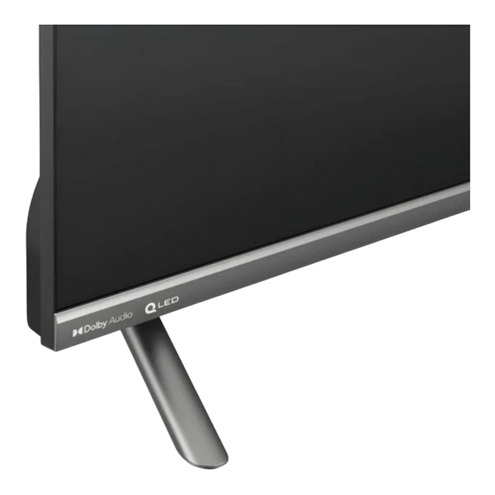 Detalle del marco inferior y base de la Smart TV Hyundai QLED FHD Roku TV de doto.com.mx con logo Dolby Audio