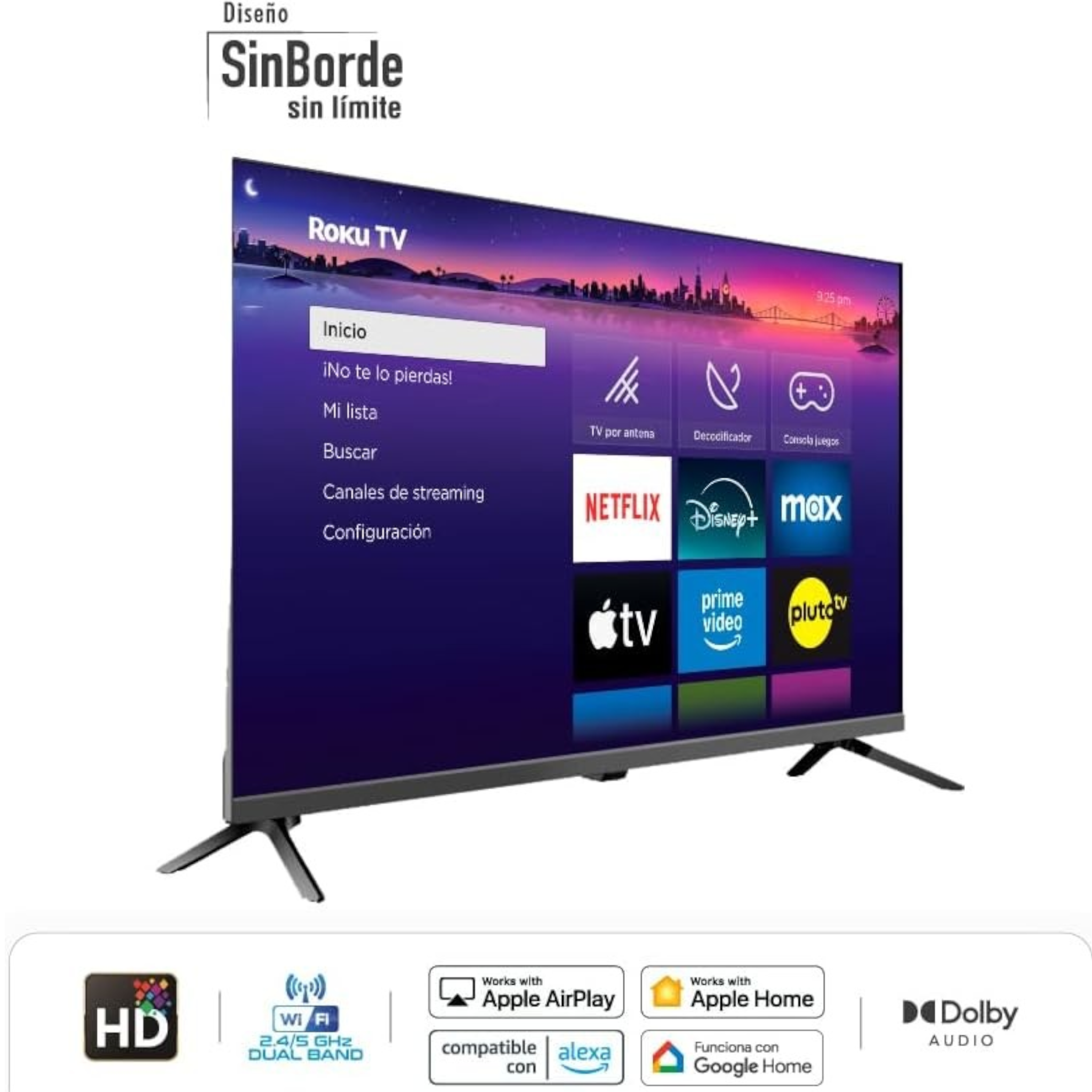 Smart TV doto.com.mx Hyundai 32 pulgadas HD con Roku TV integrado y diseño sin bordes en vista lateral