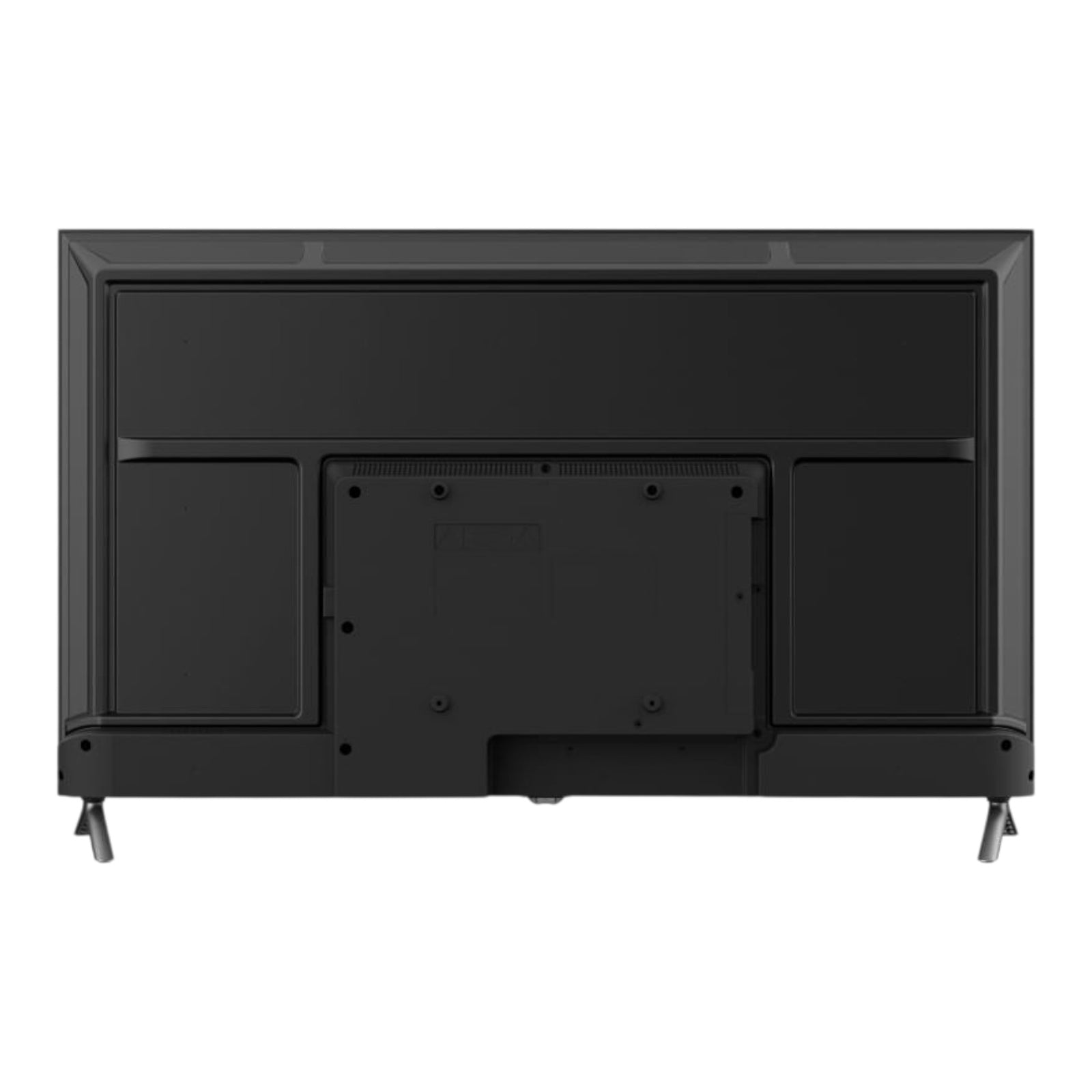Vista trasera de la Smart TV Hyundai FHD Roku TV de 40 pulgadas con puertos de conexión y base en color negro