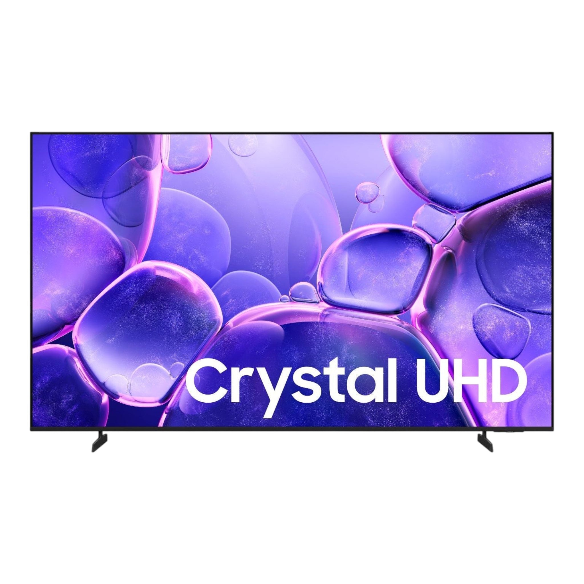 Smart TV Samsung Crystal UHD 4K de doto.com.mx con pantalla de bordes delgados y fondo de burbujas moradas vibrantes