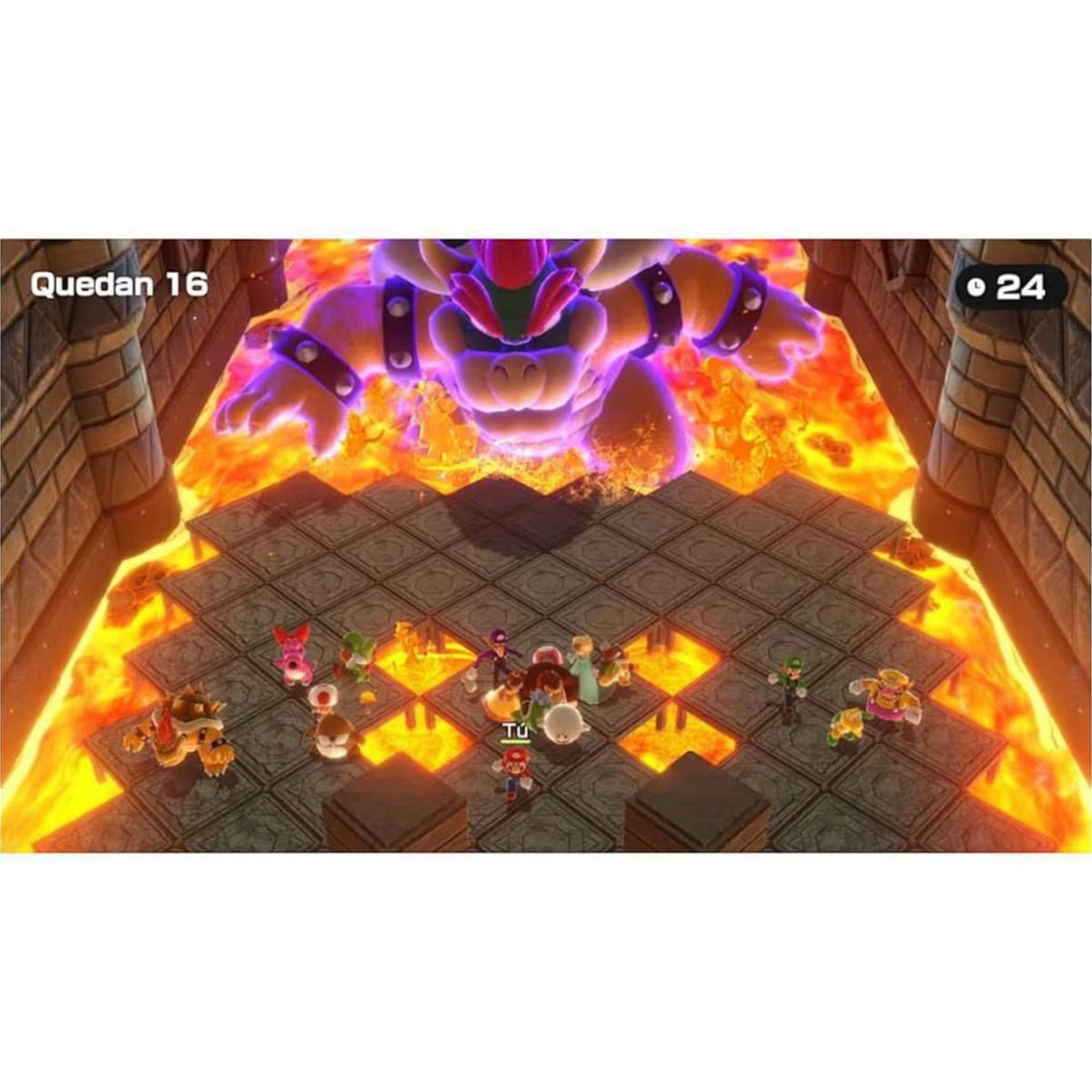 Captura de pantalla de Super Mario Party Jamboree en doto.com.mx mostrando personajes enfrentando a Bowser en lava