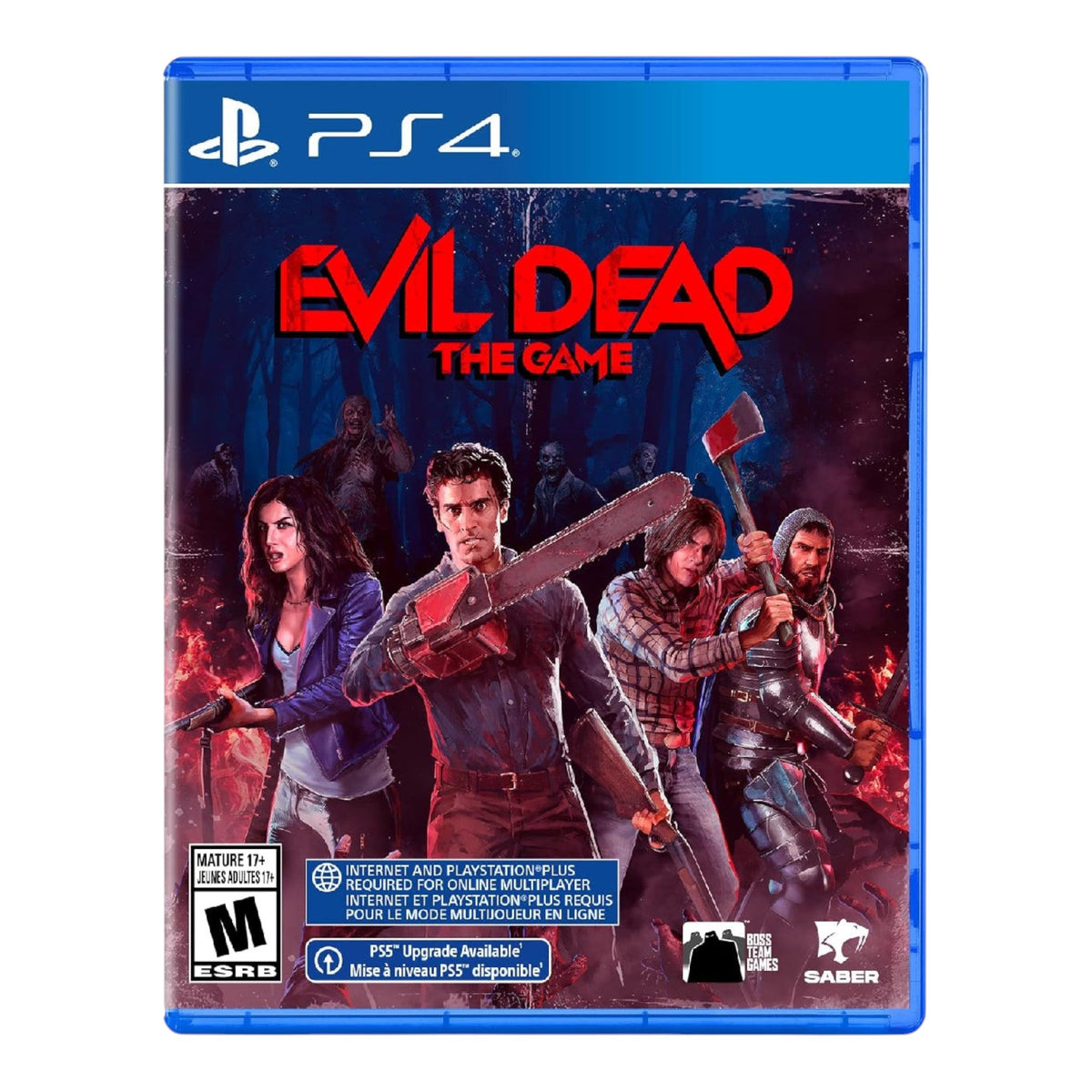 Portada del videojuego Evil Dead: The Game para PS4 de doto.com.mx con personajes icónicos y estética de terror.