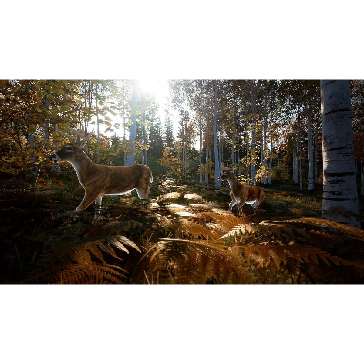 Dos ciervos en un bosque otoñal iluminado por el sol en el videojuego Hunting Simulator 2 de doto.com.mx