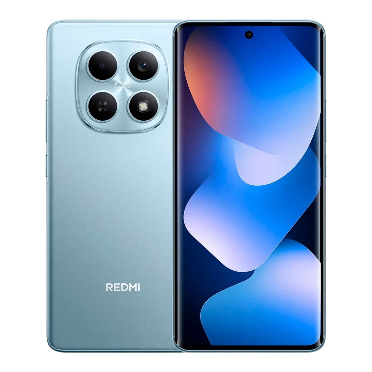 Smartphone Xiaomi Redmi Note 15 color azul claro de doto.com.mx con pantalla AMOLED curva y módulo de cámara elegante