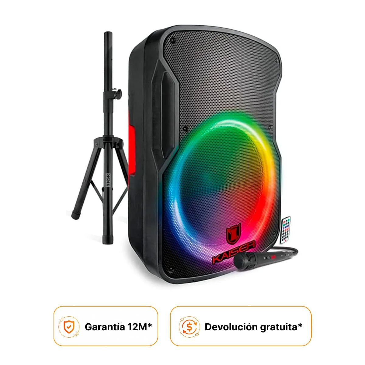 Bocina Kaiser MSA-7515MX de 15 pulgadas con luces LED, micrófono y tripié. Sonido potente para fiestas y eventos.