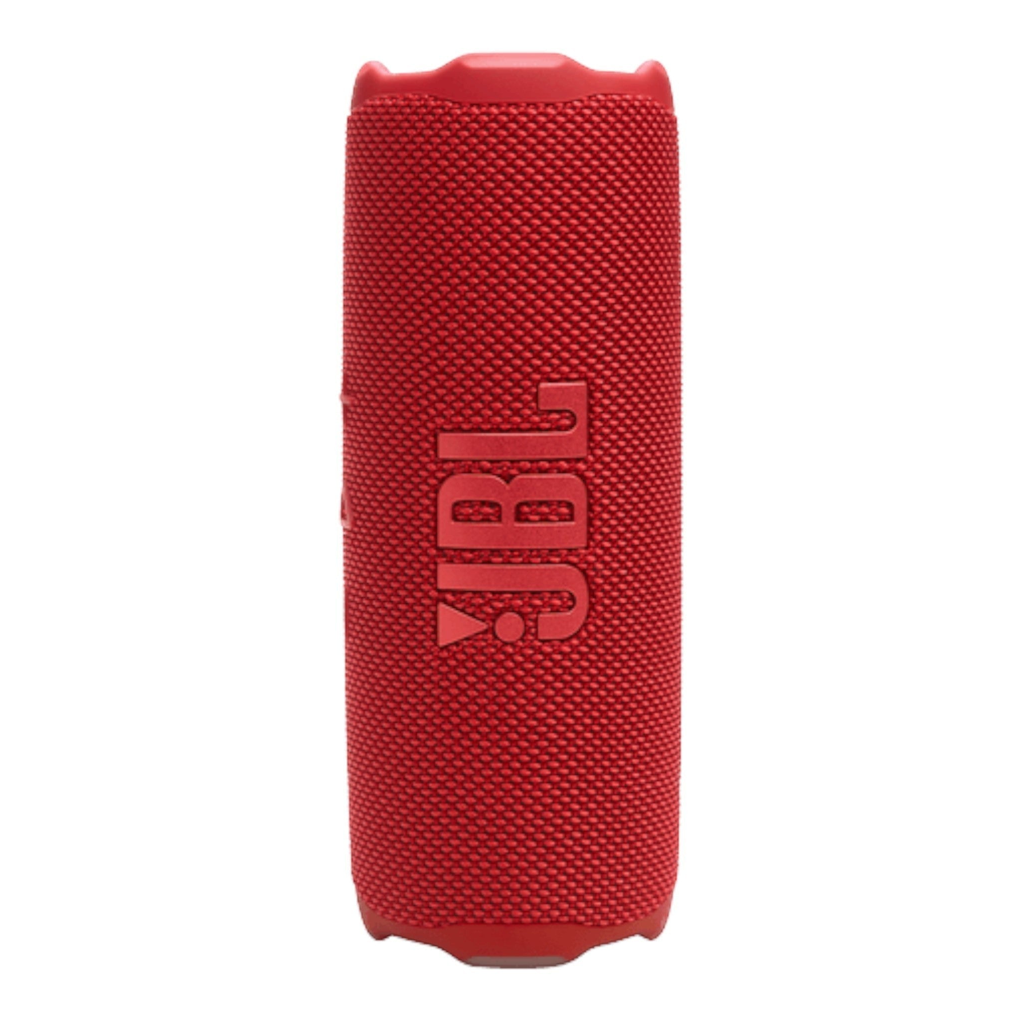 Bocina JBL Flip 7 roja, portátil, resistente al agua y al polvo, con correa extraíble y logo JBL en relieve.
