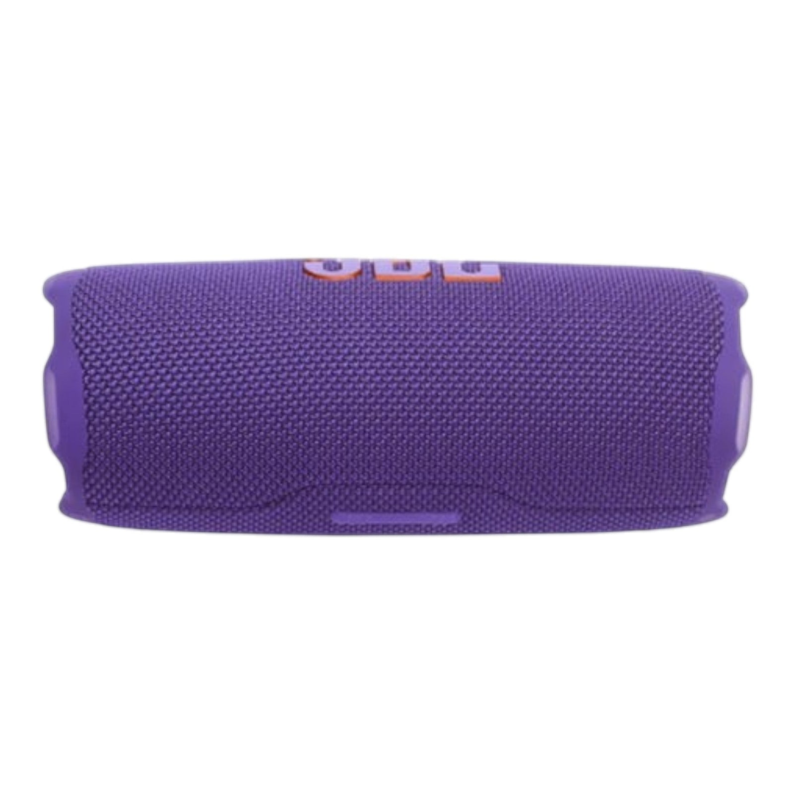 Bocina JBL Flip 7 morada con logo naranja, resistente al agua y al polvo, con correa extraíble.