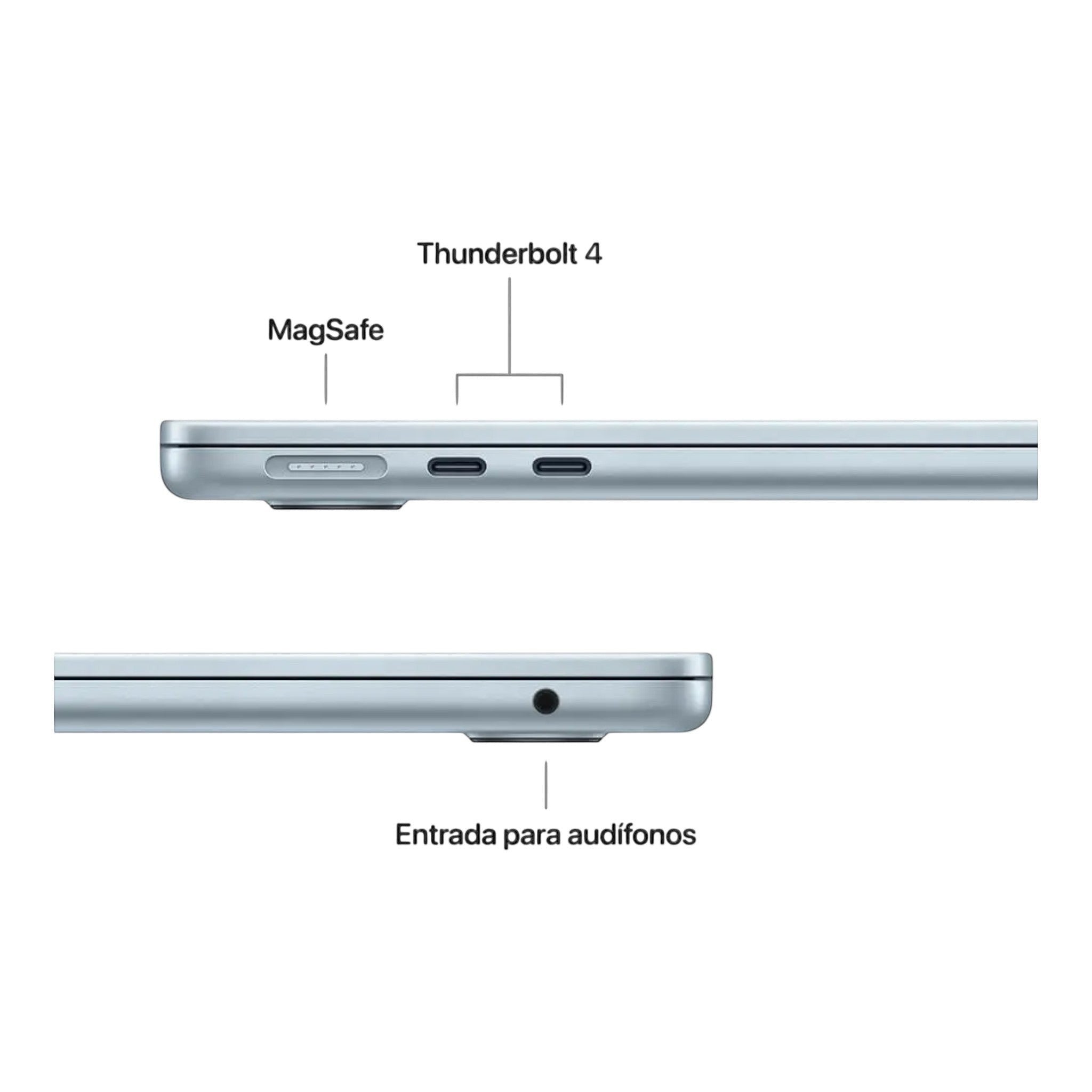 doto.com.mx MacBook Air plateado con puertos MagSafe, Thunderbolt 4 y entrada para audífonos