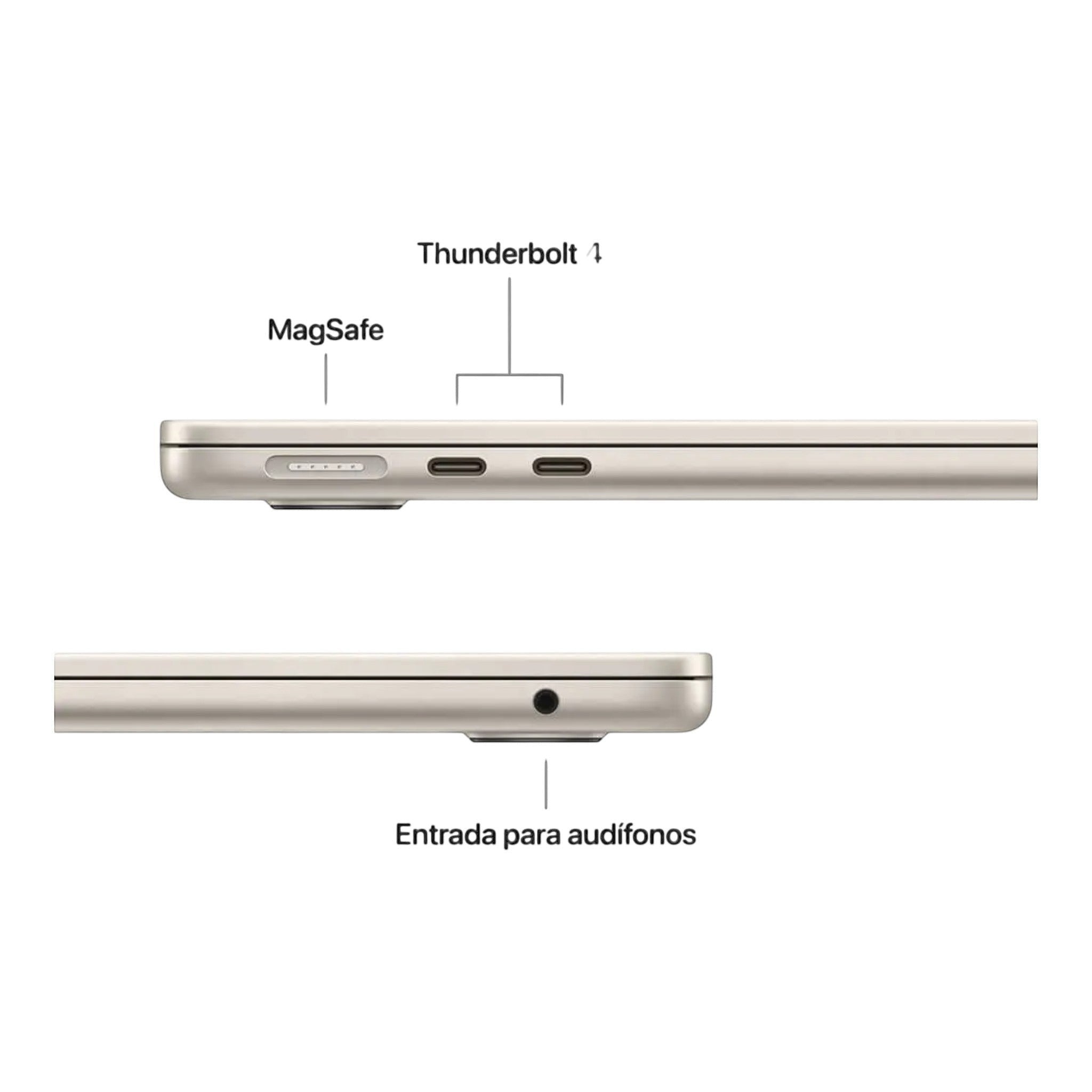 doto.com.mx MacBook Air M4 con puertos MagSafe y Thunderbolt 4, entrada de audífonos.