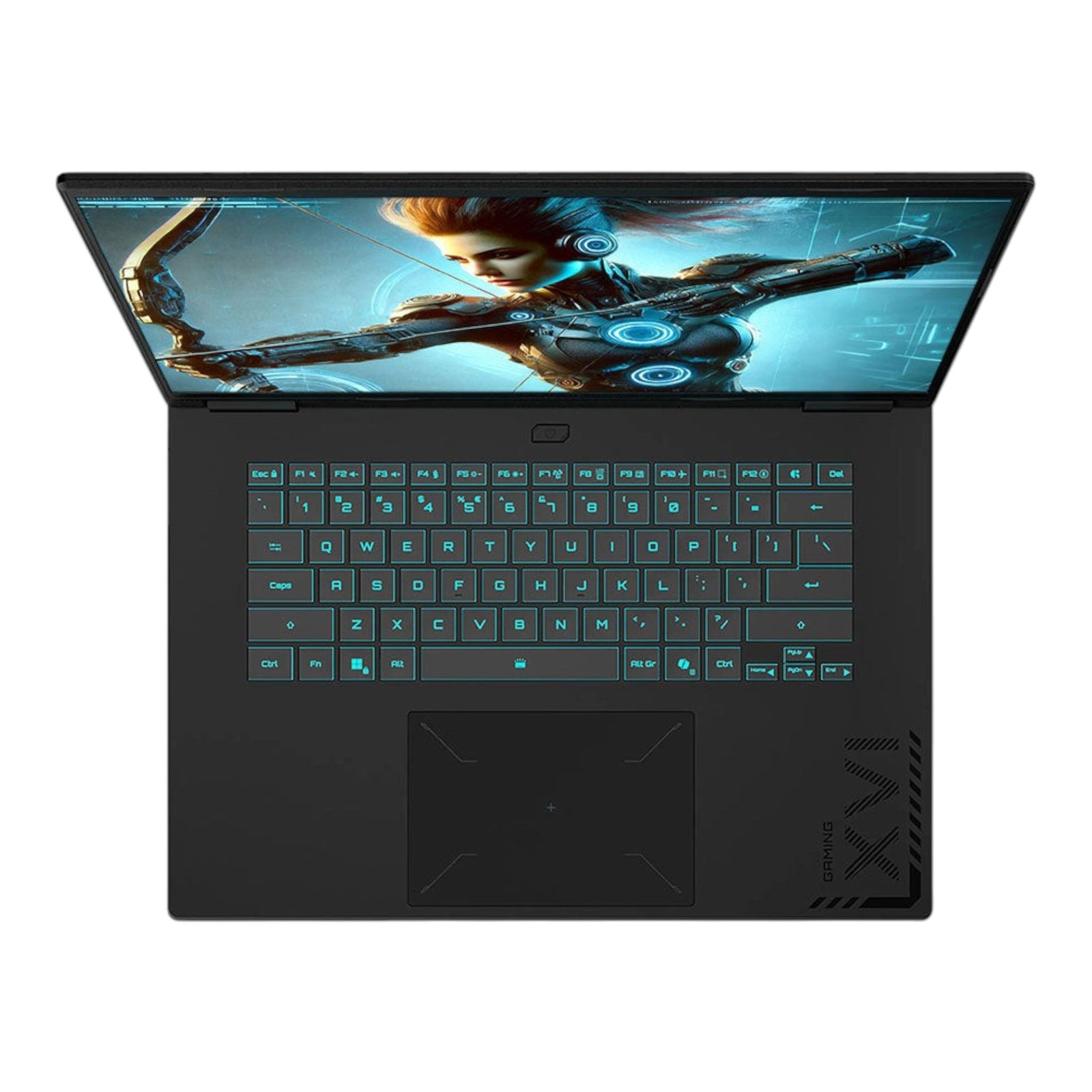 Laptop gamer doto.com.mx Gigabyte A16 de 16 pulgadas con teclado retroiluminado en color negro y pantalla encendida