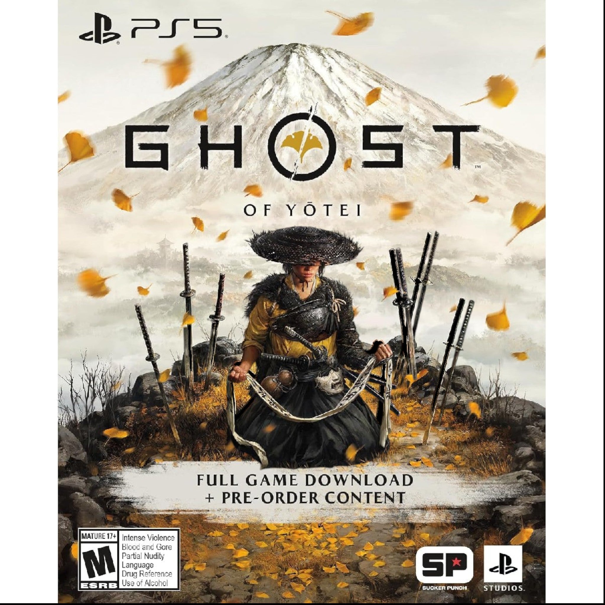 Portada del juego Ghost of Yotei para consola doto.com.mx PlayStation 5 con guerrera samurái y espadas en paisaje