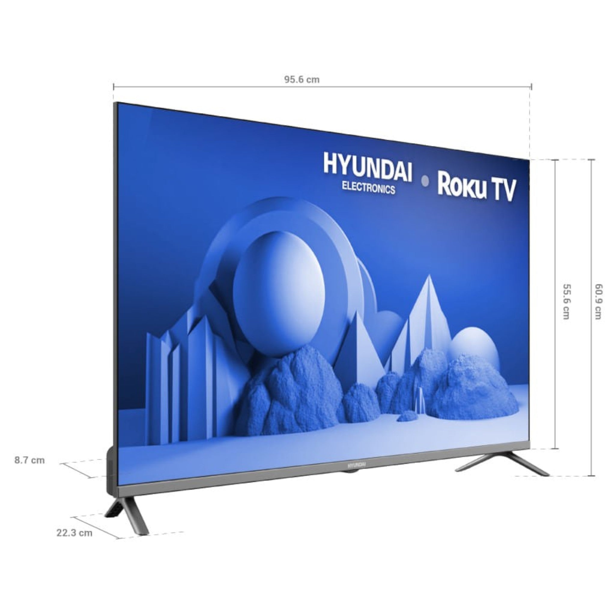 Smart TV doto.com.mx Hyundai FHD Roku TV de 40 pulgadas con diseño sin biseles y medidas técnicas detalladas