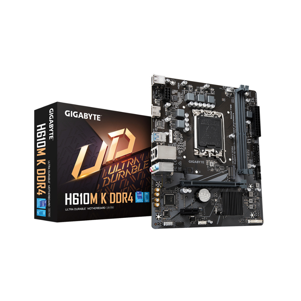 Tarjeta madre Gigabyte H610M K DDR4 Micro ATX en perspectiva junto a su caja negra