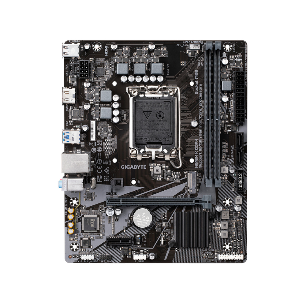 Vista superior de la Gigabyte H610M K DDR4 con socket LGA1700 y dos ranuras de memoria