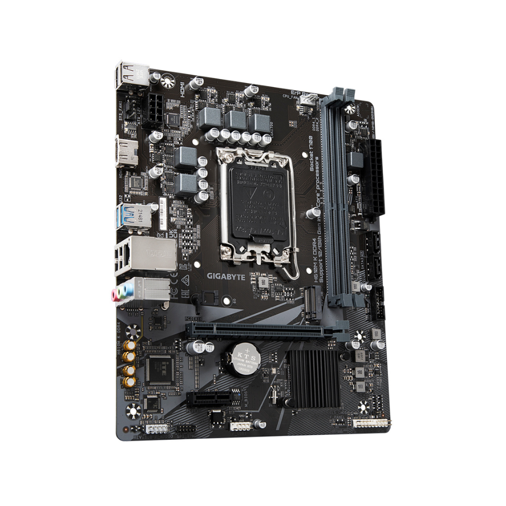 Tarjeta madre Gigabyte H610M K DDR4 en posición vertical con ranuras PCIe, M.2 y DDR4