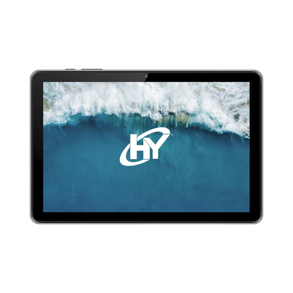 Vista frontal de la tablet Hyundai HYTab Plus gris con pantalla de inicio de Android