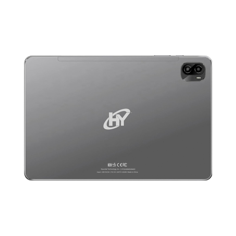 Tablet Hyundai HYTab Plus T606 en vistas posterior gris y frontal con pantalla encendida
