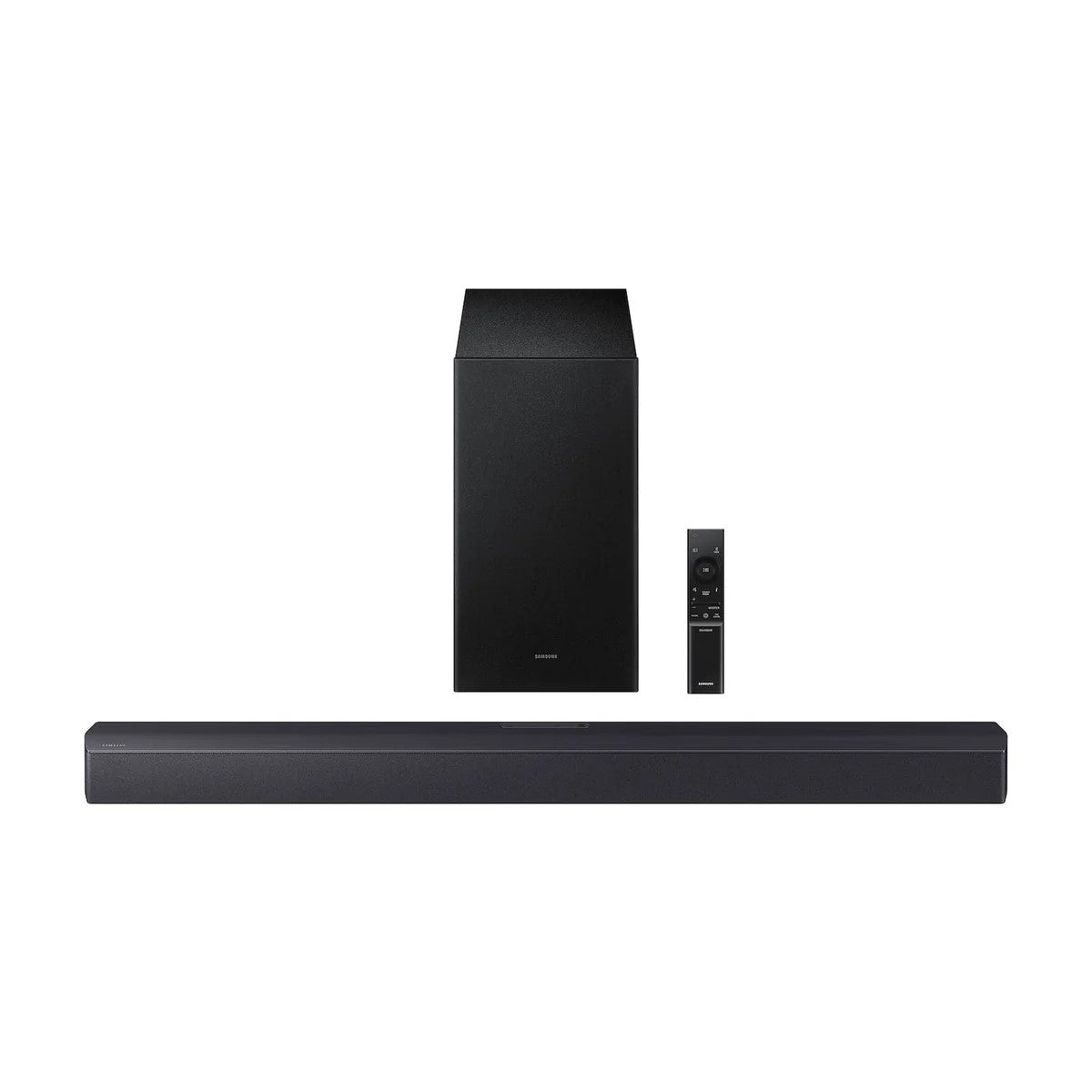 Barra de sonido Samsung HW-B450F con subwoofer inalámbrico y control remoto en color negro