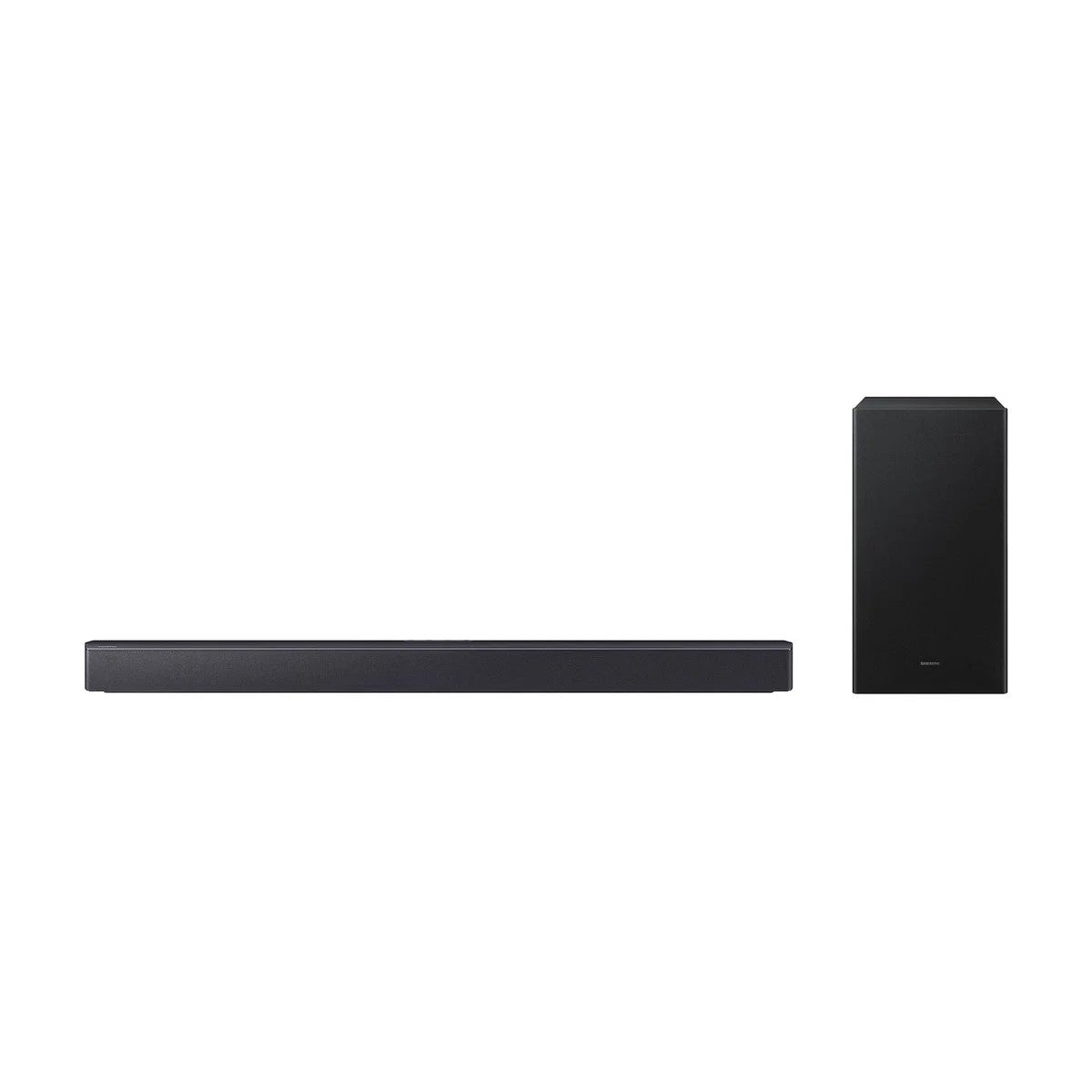 Vista frontal de la barra de sonido Samsung HW-B450F junto al subwoofer inalámbrico