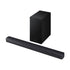 Barra de sonido Samsung HW-B450F y subwoofer negro vistos en perspectiva