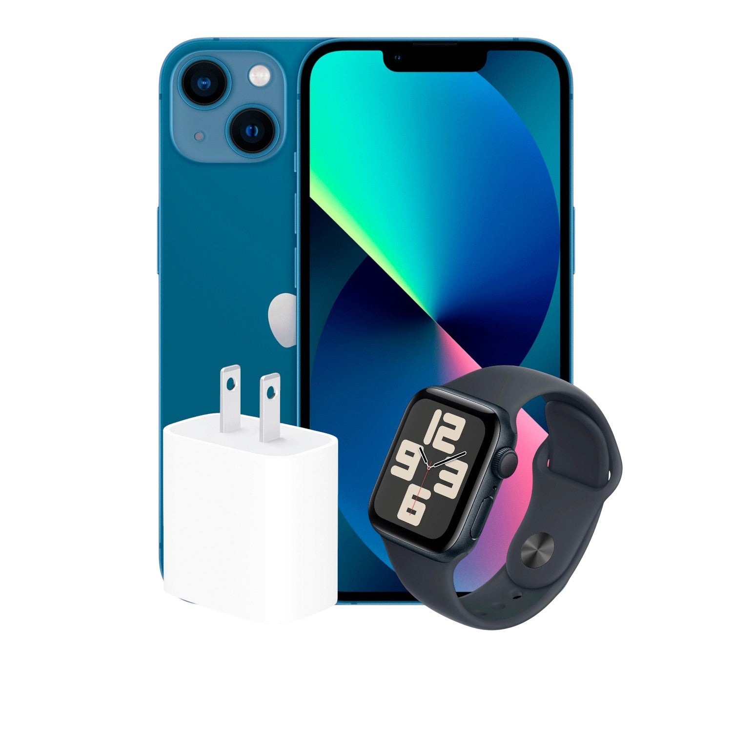 COMBO APPLE WATCH SE 2 40MM (MXE73) ALUMINIO NEGRO S/M NEGRO RFB + APPLE IPHONE 13 256GB AZUL PSIM RFB + APPLE ADAPTADOR DE CORRIENTE USB-C 20W (A2305)
