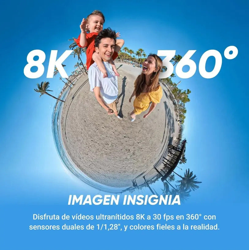 Infografía de la cámara Insta360 X5 destacando su grabación de video 8K a 360 grados
