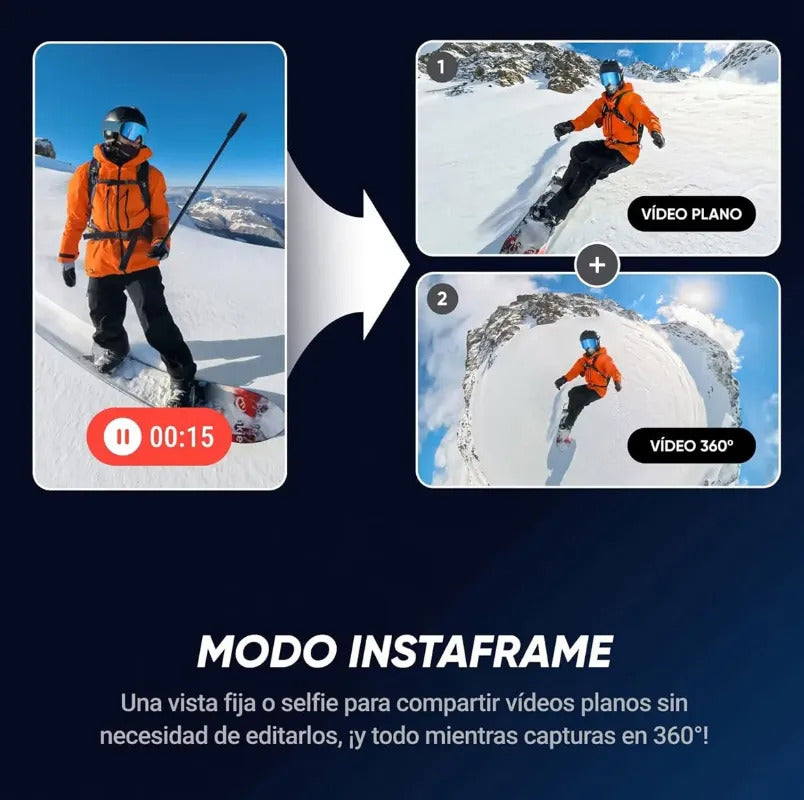 Demostración del modo InstaFrame en la cámara Insta360 X5 para captura plana y 360 grados