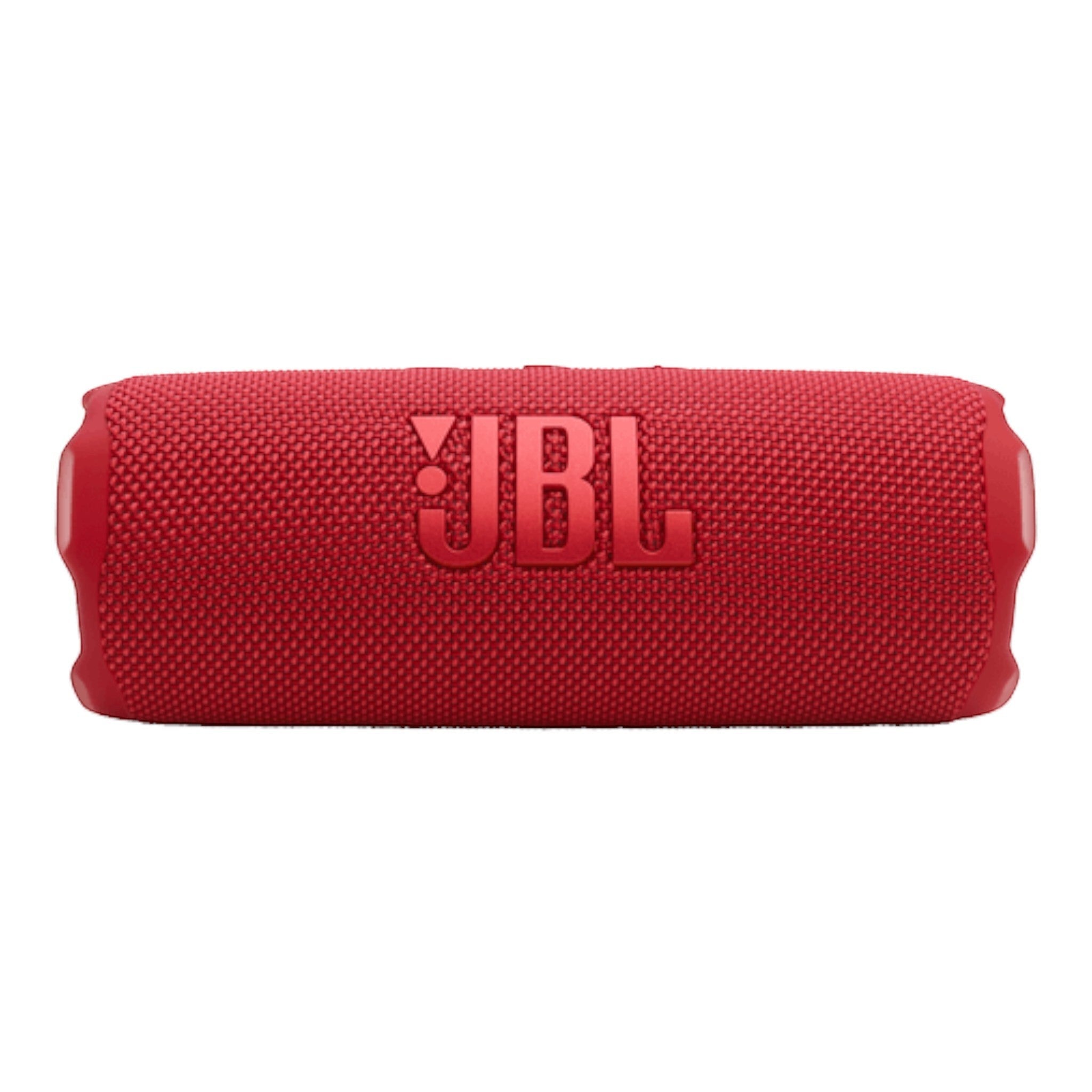 Bocina JBL Flip 7 roja, portátil, resistente al agua y al polvo, con correa extraíble y logo JBL en relieve.