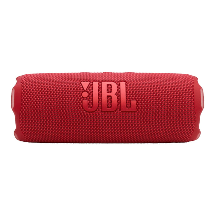 Bocina JBL Flip 7 roja, portátil, resistente al agua y al polvo, con correa extraíble y logo JBL en relieve.