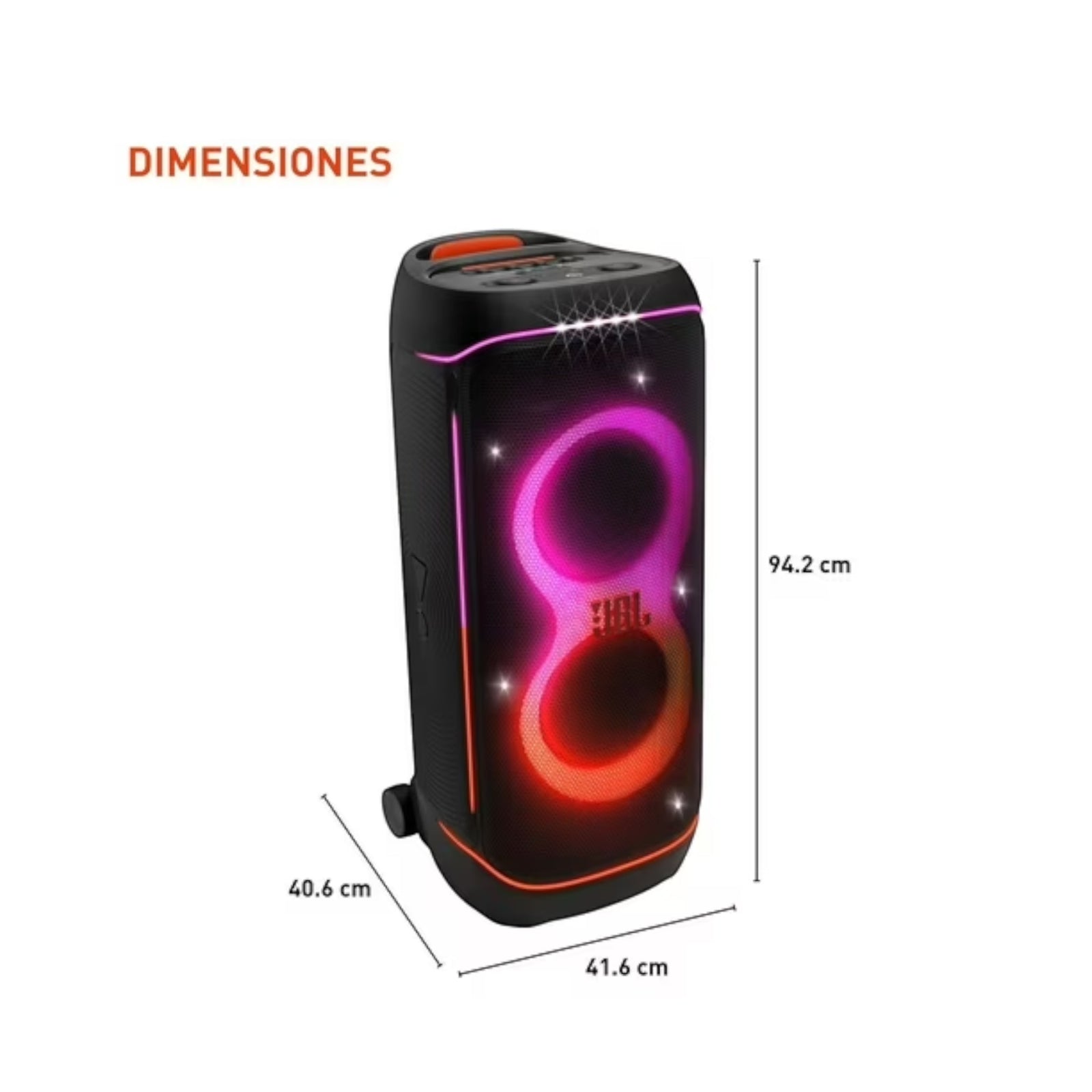 Altavoz JBL Party Box 720 negro con luces LED RGB, ruedas y asa para fácil transporte. Dimensiones: 94.2 x 41.6 x 40.6 cm.