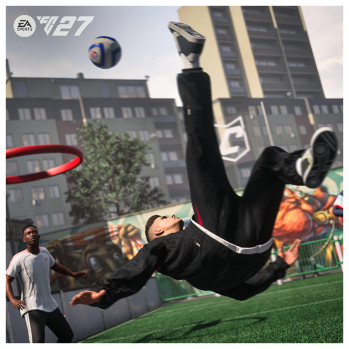 Escena de EA Sports FC 27 con futbolista ejecutando una chilena en una cancha urbana