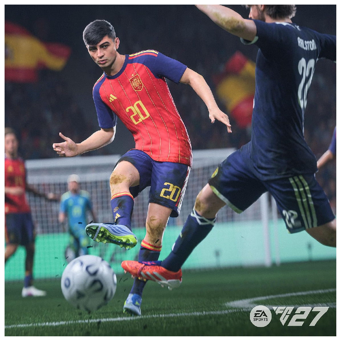 Partido de EA Sports FC 27 con futbolista de España disputando el balón ante un rival
