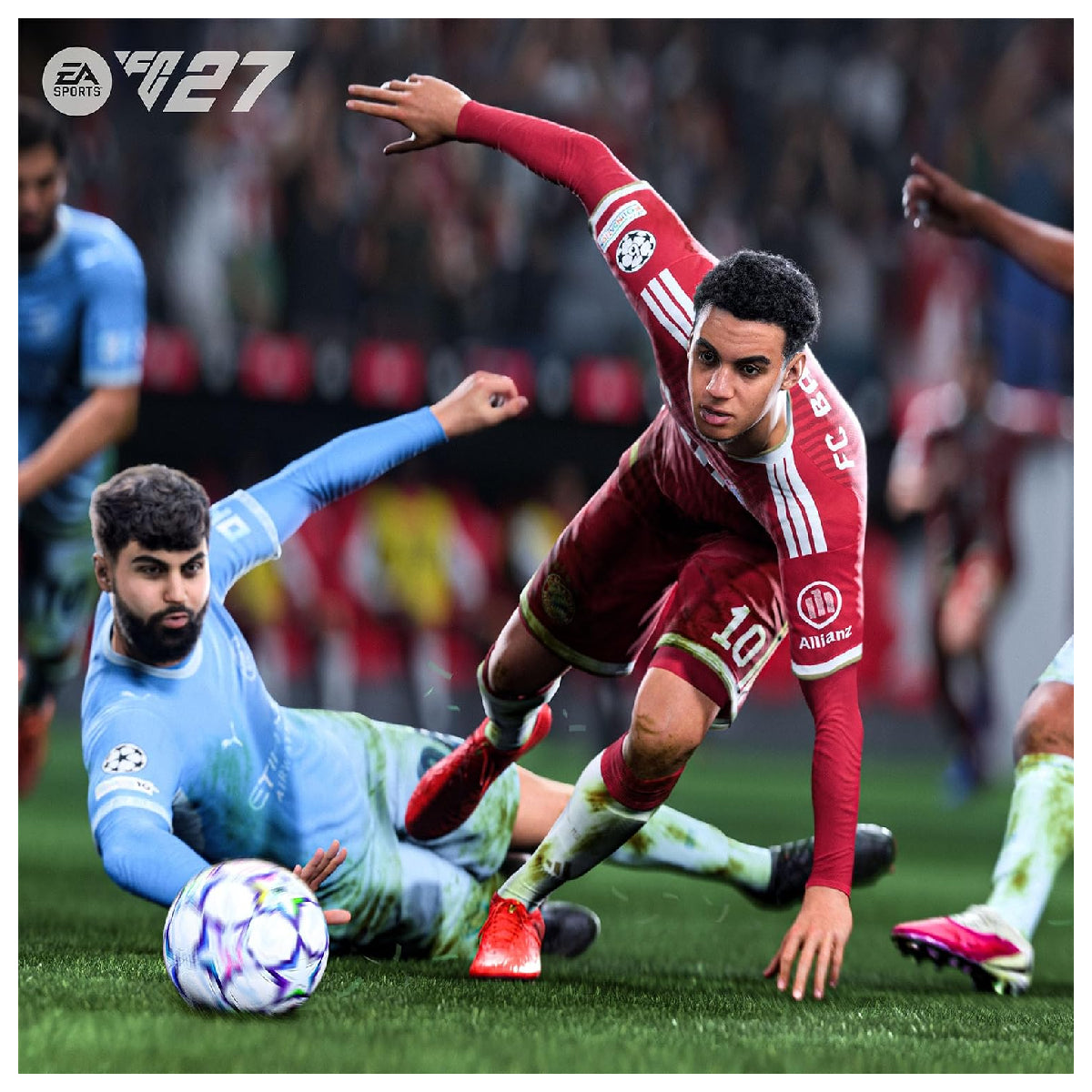 Partido de EA Sports FC 27 con futbolista de uniforme rojo avanzando entre defensores