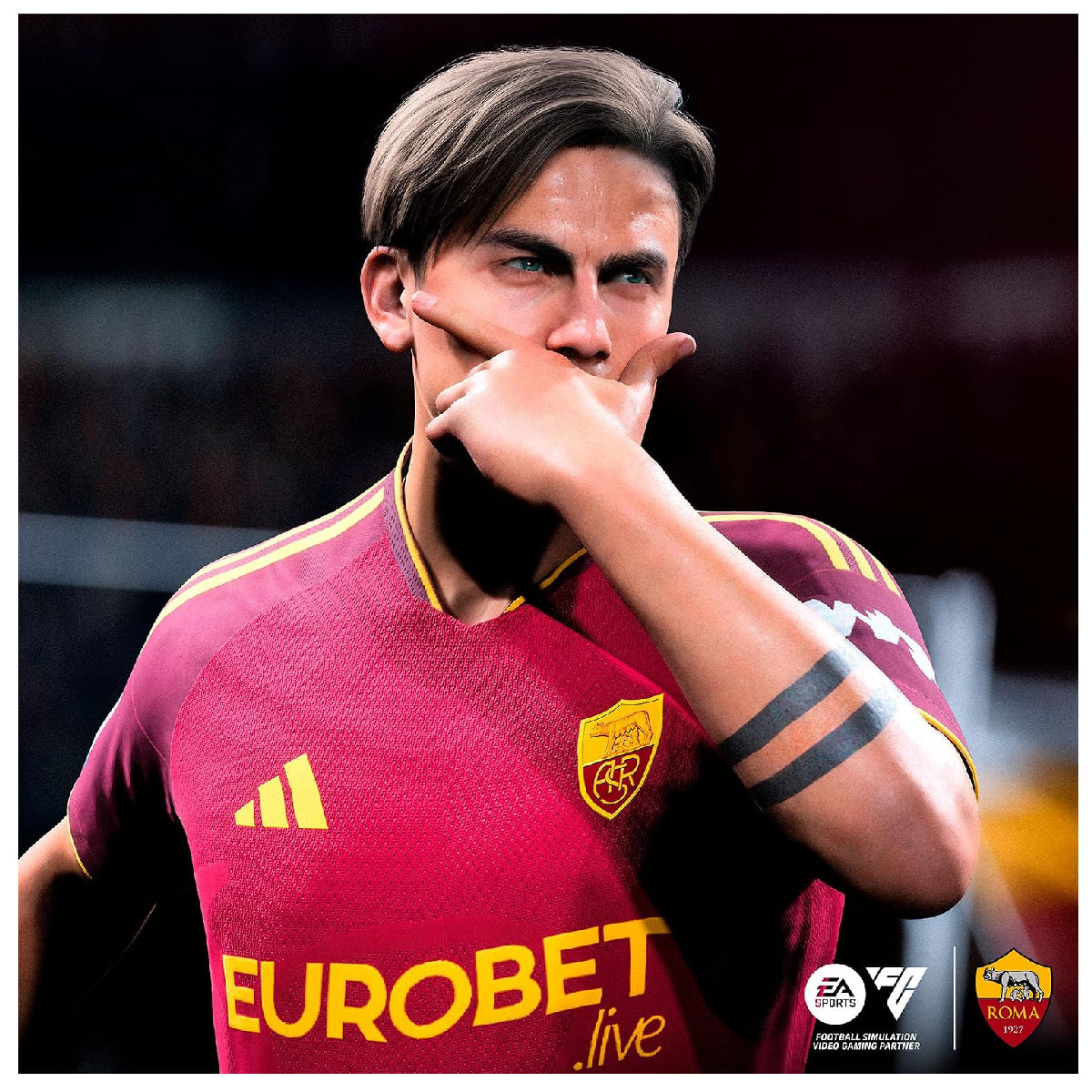 Futbolista con uniforme rojo de la Roma celebrando en EA Sports FC 27