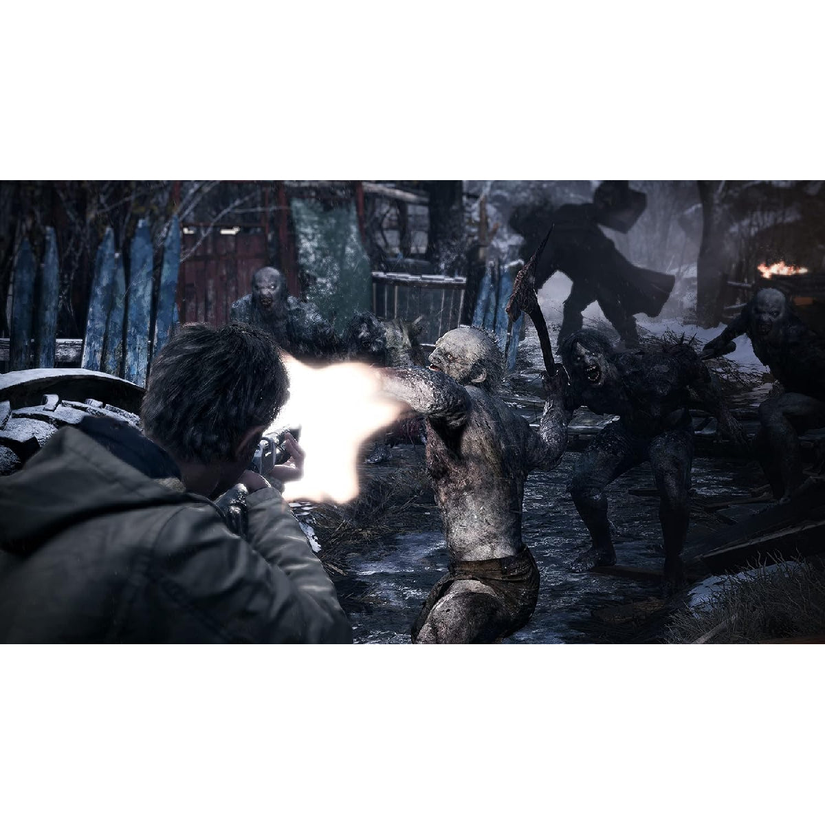 Gameplay en tercera persona disparando a enemigos en Resident Evil Village Gold Edition