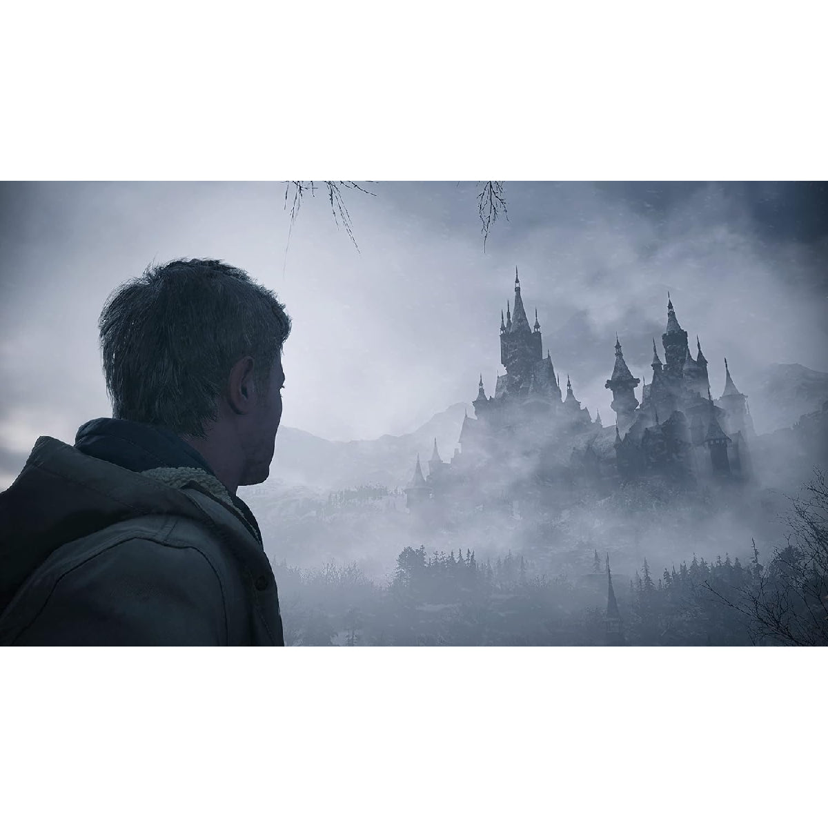 Vista del castillo en la niebla desde la perspectiva del personaje en Resident Evil Village