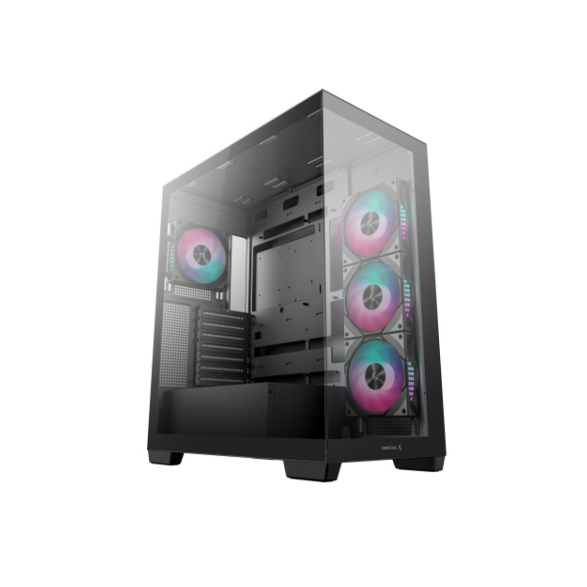 Gabinete DeepCool CG580 4F negro con cristal panorámico y cuatro ventiladores ARGB encendidos