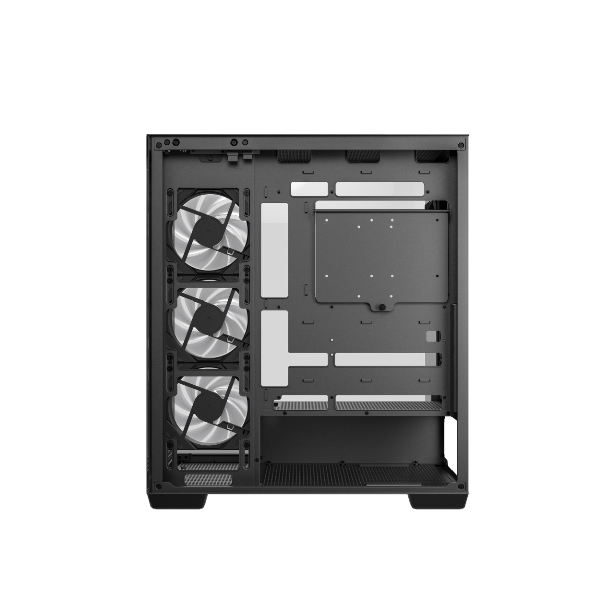 Gabinete DeepCool CG580 4F negro en perspectiva frontal con tres ventiladores ARGB laterales