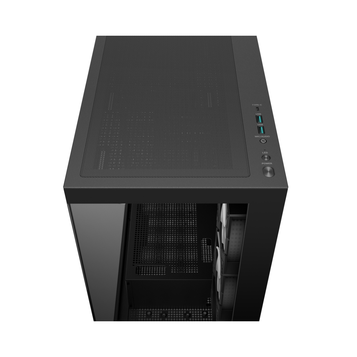 Panel superior del DeepCool CG580 4F con ventilación, botón de encendido y puertos USB