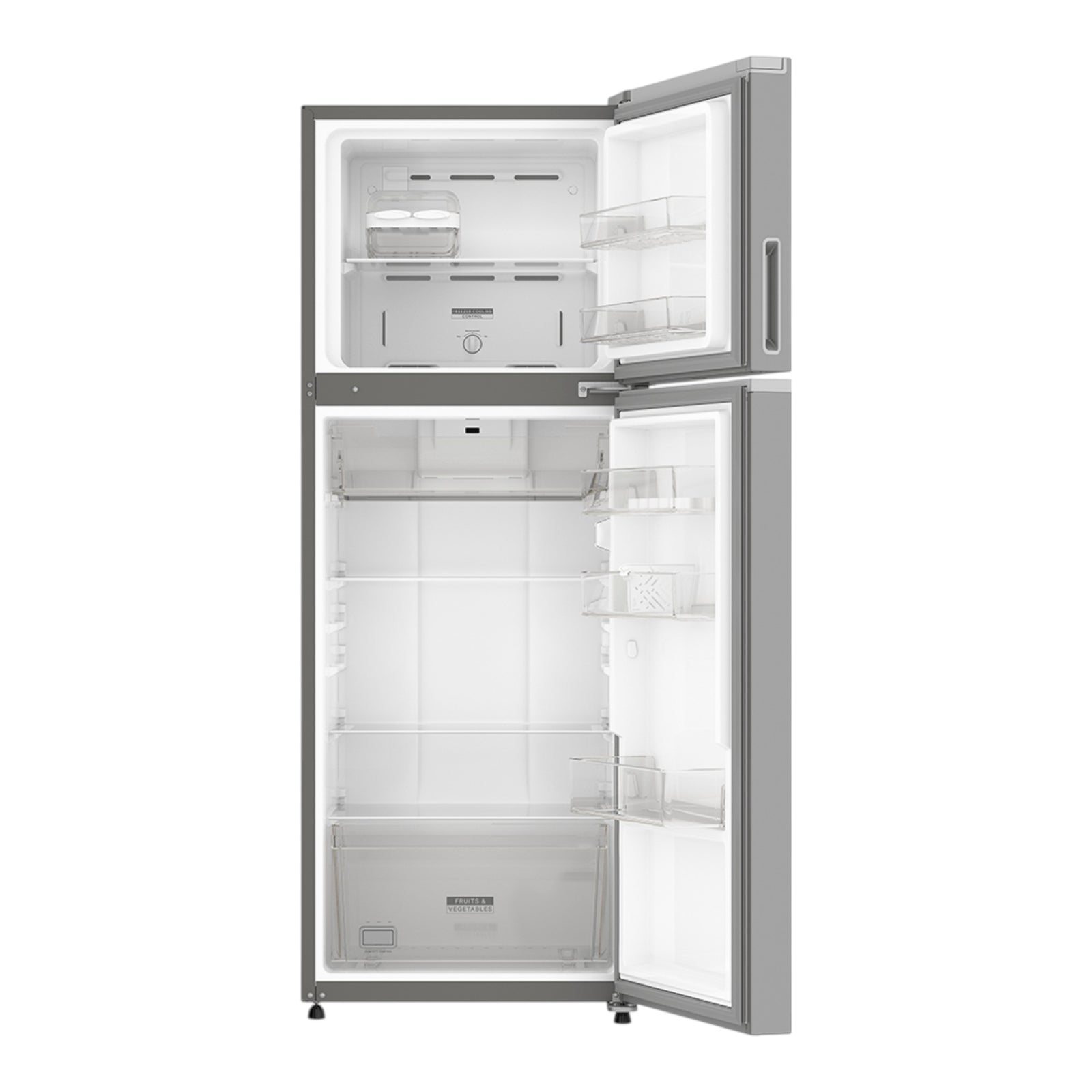 Refrigerador Whirlpool Top Mount WT1331D de acero inoxidable con puertas abiertas, parrillas de cristal templado y cajones para frutas y verduras.